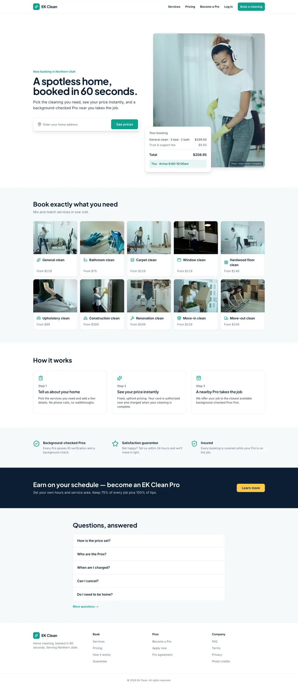 EK Clean website homepage, designed by Emerald Beacon