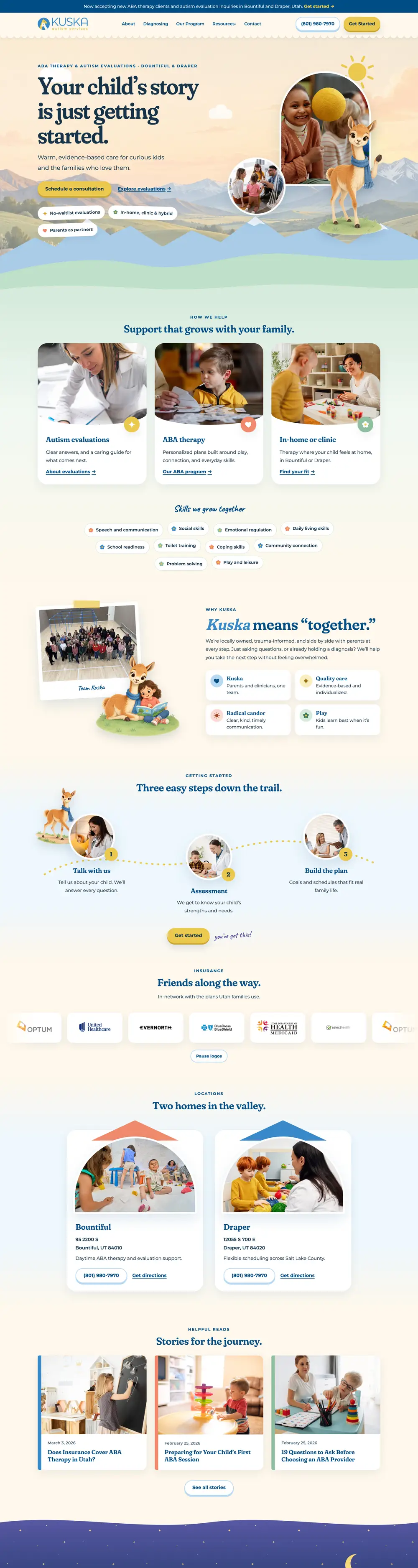 Kuska Autism Services website homepage, designed by Emerald Beacon