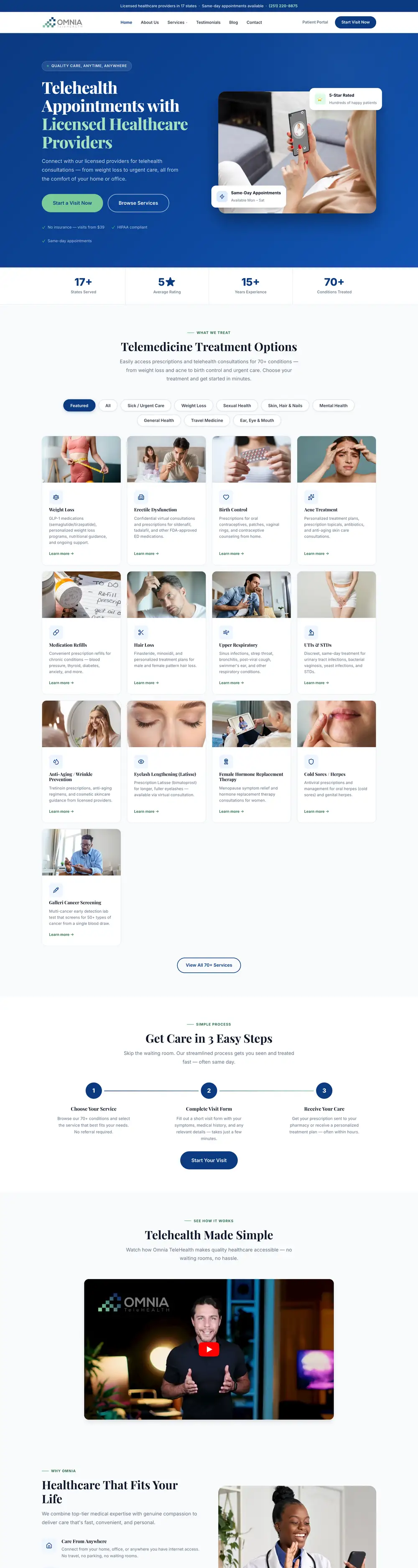 Omnia TeleHealth website homepage, designed by Emerald Beacon