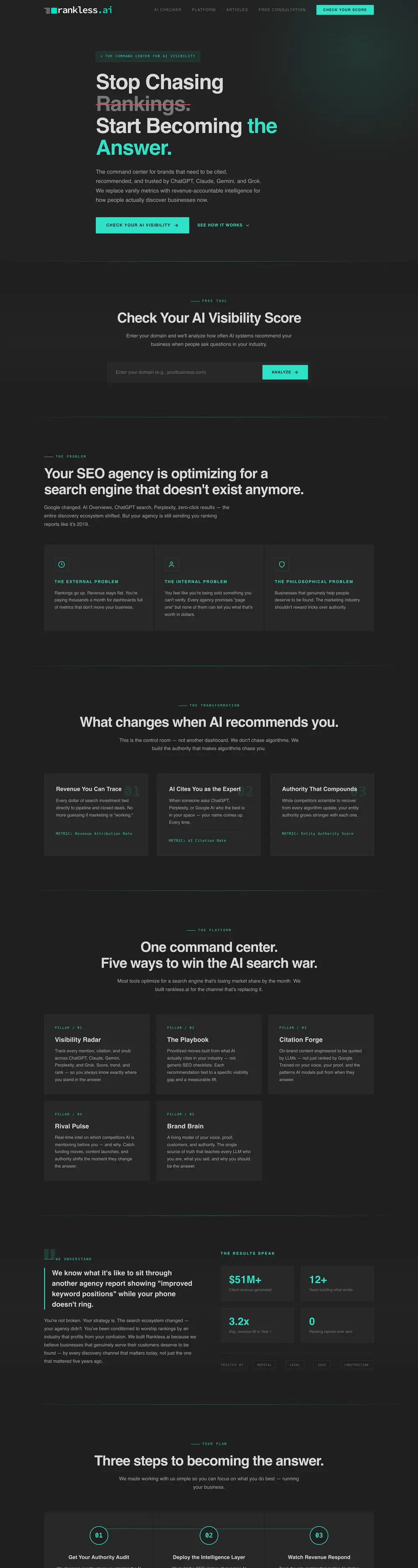 rankless.ai website homepage, designed by Emerald Beacon