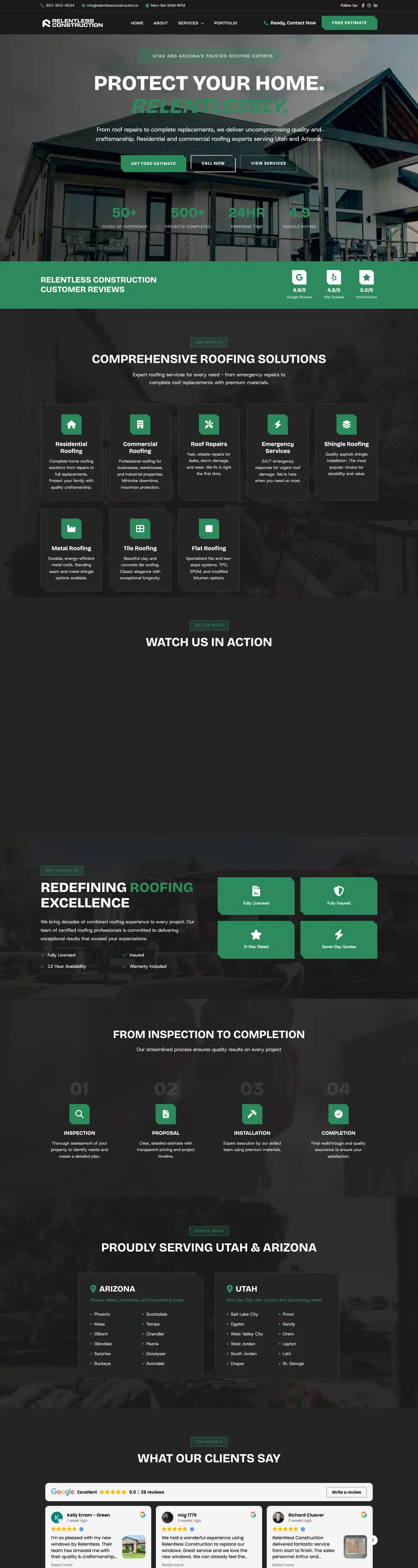 Relentless Construction website homepage, designed by Emerald Beacon