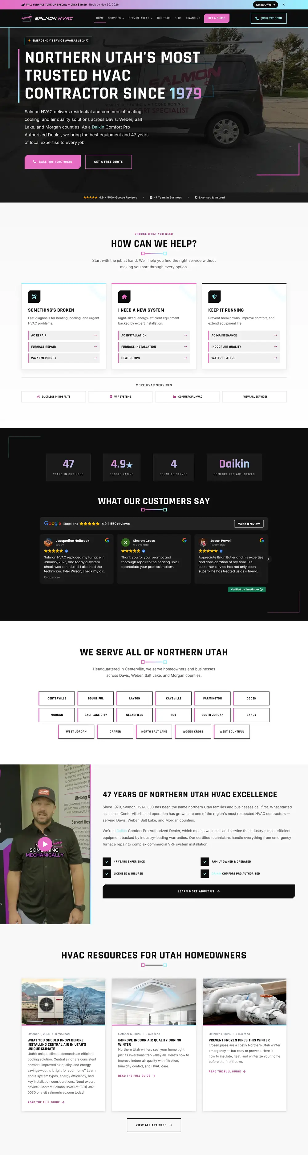 Salmon HVAC website homepage, designed by Emerald Beacon