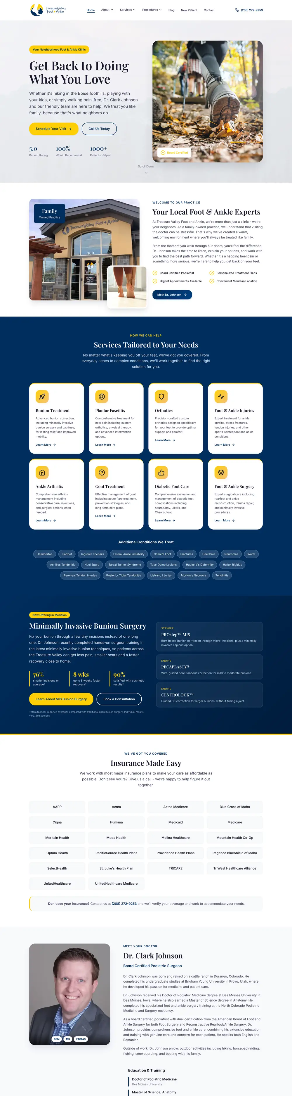 Treasure Valley Foot & Ankle website homepage, designed by Emerald Beacon