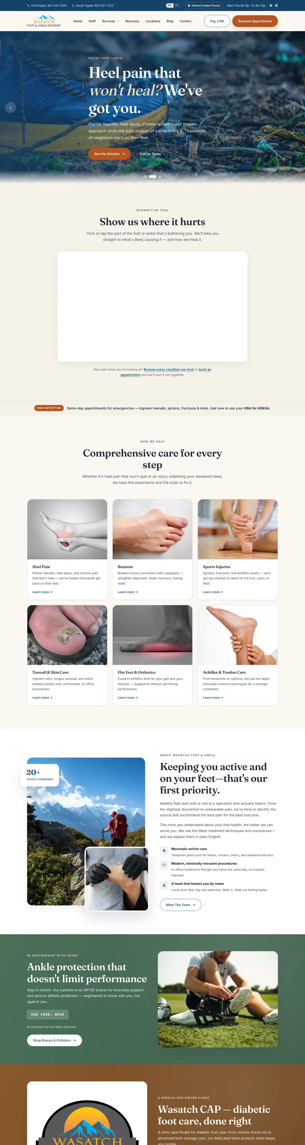 Wasatch Foot & Ankle Institute website homepage, designed by Emerald Beacon